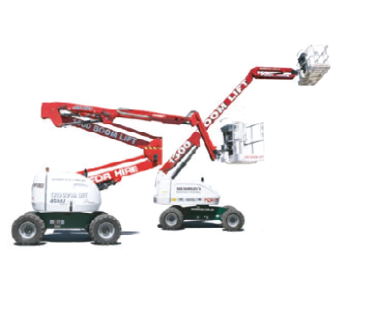 Two red and white boom lifts extend their arms upward and outward, with platforms at the ends raised at different heights. The machines are positioned on a white background.