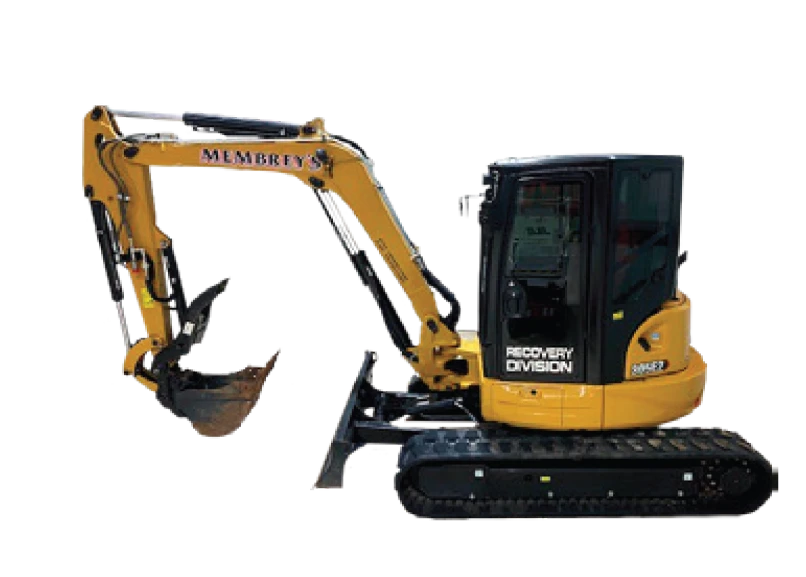 A yellow excavator with "Membrey's Recovery Division" written on the side, featuring a black cab and tracks, isolated on a white background.