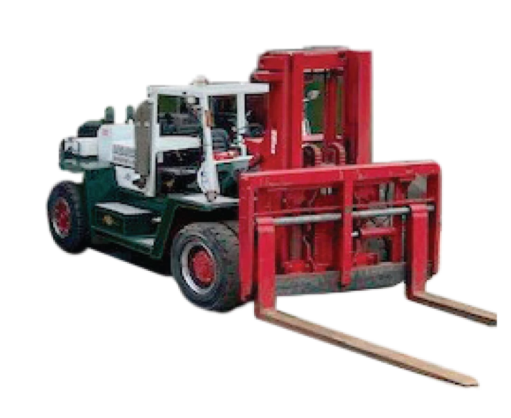 A large industrial forklift with a green and white body and bright red forks and mast, viewed from the front-right side.