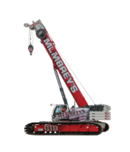 A red and white crane with "MOMBREY'S" written on its extended boom, mounted on crawler tracks, isolated on a white background.