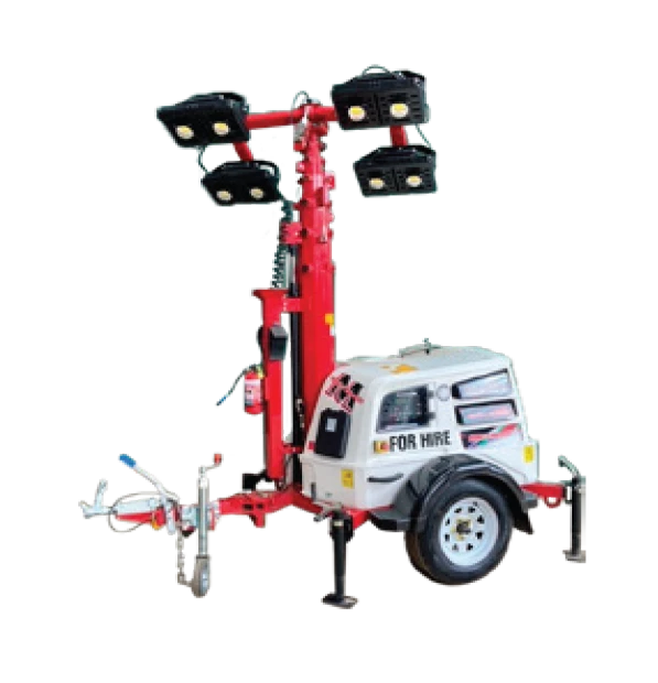 A portable mobile lighting tower with four large floodlights mounted on a tall red mast, attached to a white trailer labeled "FOR HIRE," equipped with stabilizing legs and a tow hitch.