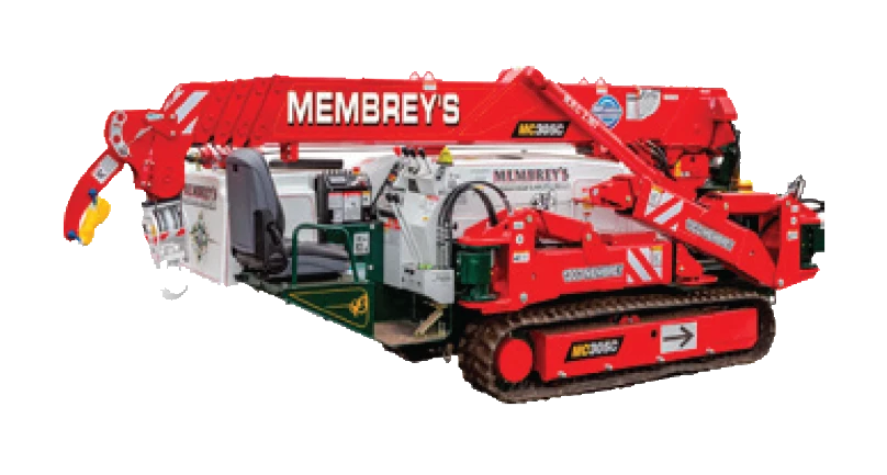 A red and white tracked mini crane with "Membrey's" written on its boom arm, featuring stabilizer legs, control cab, and hydraulic lifting attachments.
