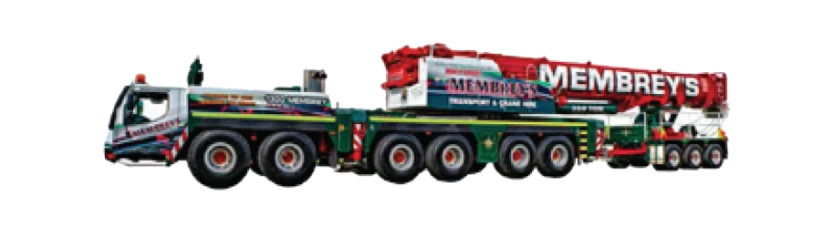 A large multi-axle crane truck with "Membrey's" branding on the boom and sides, painted in green, red, and white colors, positioned facing left.