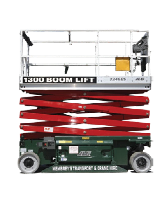 A red and green scissor lift with extended platform and guardrails, labeled "1300 BOOM LIFT," standing on four wheels, with "MEMBREY'S TRANSPORT & CRANE HIRE" written on the base.