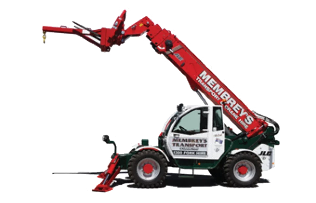 A red and green telescopic handler vehicle with a raised boom arm, labeled “Membrey’s Transport.” The machine is equipped with stabilizers and large rugged tires, designed for lifting and moving heavy loads.