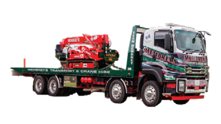 A flatbed truck with “Membrey’s Transport & Crane Hire” written on the side, carrying a red hydraulic crane, parked on a white background.