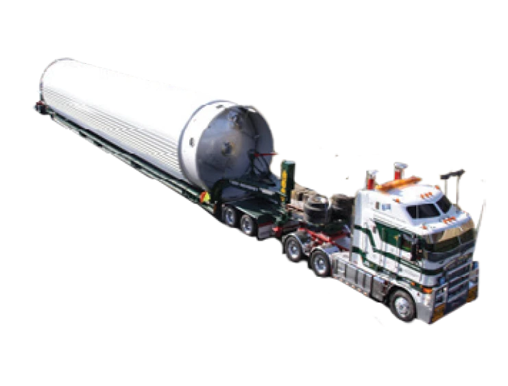 A large white truck hauls an oversized cylindrical tank on a long flatbed trailer, isolated on a white background.