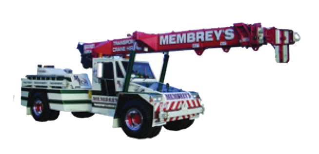 A white and green mobile crane truck with a long extended red boom arm labeled "MEMBREY'S" in white text. The vehicle has large tires and safety striping on the front.