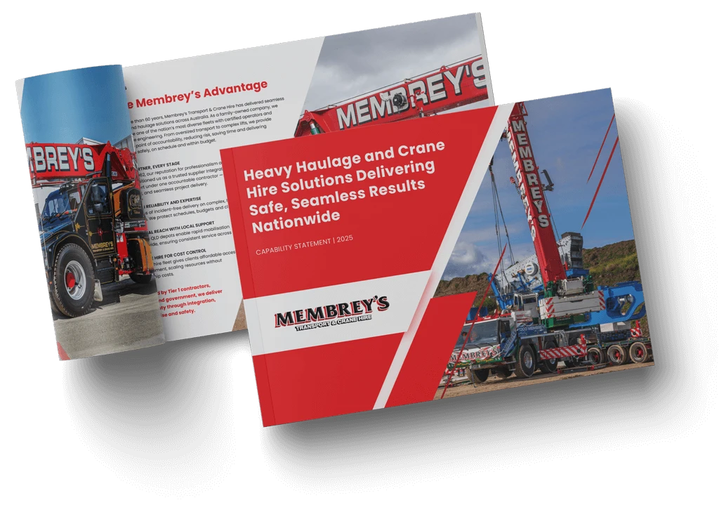 Two brochures for Membrey’s crane hire feature images of cranes in action and bold red and white text, promoting heavy haulage and crane hire services delivering safe, seamless results nationwide.
