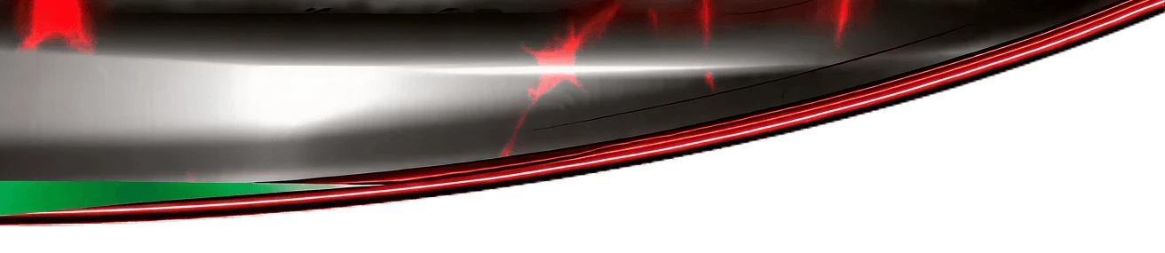 Curved metallic surface with bright red highlights, reflections, and a thin red outline along the edge; a small green section appears in the lower left corner.