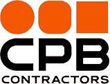 The image shows the CPB Contractors logo with two orange circles and one orange square above the bold black letters "CPB" and the word "CONTRACTORS" in black below.