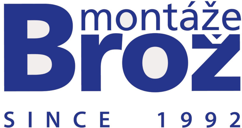 Logo with the text "montáže Brož" in large blue letters above "SINCE 1992" in smaller blue letters. The design uses a modern, bold font.
