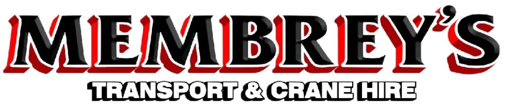 Logo for Membrey’s Transport & Crane Hire, featuring bold red and black text with a white outline on a transparent background.