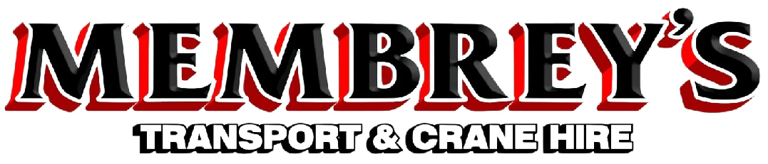 Logo for Membrey’s Transport & Crane Hire, featuring bold red and black text with a white outline on a transparent background.