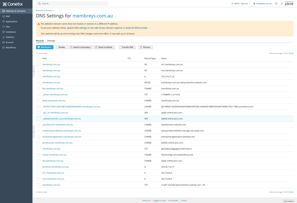 Screenshot of the Conetix DNS settings page for the domain "membreys.com.au," showing a list of DNS records, their types, hostnames, and data, with navigation menus on the left and top borders.